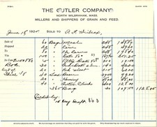 1925 The Cutler Co. North Wilbraham Grain Feed Billhead picture