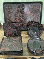 Obon Wajima-Nuri Hand Box Chinshu Peony Carving Pattern Square Tray Plate Button picture