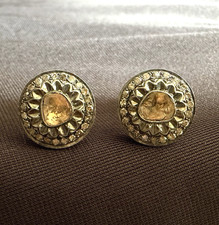 S.S + 14K YG - VICTORIAN ROSE CUT DIAMOND (.50Ct.) FLORAL BUTTON EARRINGS picture