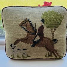 Vintage Needlepoint, accent, pillow￼horse and rider with his hunt dog/equestrian picture