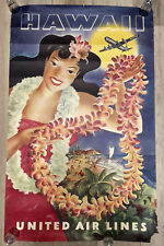 Original Joseph Feher United Airlines Hawaii Poster Vtg 1949 25 X 40 Girl Lei picture