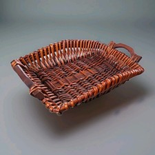 Large Vintage Jumbo Rattan Hearth Basket • Hand Carved Mahogany Handles • Heavy picture
