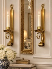 2 VTG Gold Iron Floral Scroll Wall Sconces Taper Candle Holder Hollywood Regency picture