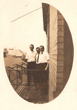 RPPC Group of Men On Building Balcony CLASSIC Image Rooftops VINTAGE Postcard picture