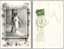 Elegant Woman Classical Gown Portrait Studio Columns Ivy Border Postcard picture