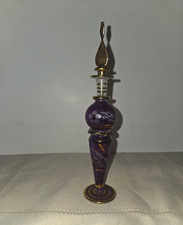 Egyptian Vintage Glass Perfume Bottle Hand Blown Purple Gold 5 3/4” w/ stopper picture