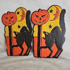 VTG Halloween Die Cut USA Luhre Embossed Black Cat Arch Back Half Moon Decor picture