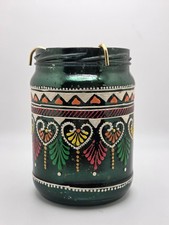Vintage Pier 1 Emerald Green Hand Painted Mercury Glass Lantern Candle Holder picture