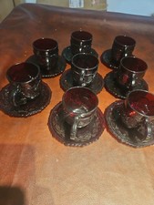 8 VTG AVON 1876 Cape Cod Ruby Red Glass Coffee/Tea Cup & Saucers   picture