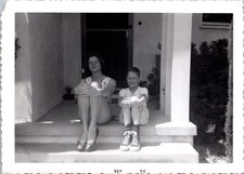 Smiling Siblings Sitting on Front Porch Steps, 1956 B&W Snapshot Photo picture