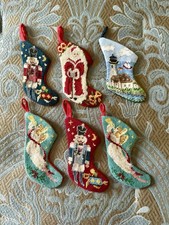 VTG Lot Of 6 Miniature Needlepoint Christmas Stockings 6” Long picture