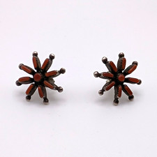 Vintage Zuni Sterling Silver Needlepoint Coral Cluster Stud Earrings  picture