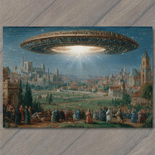 POSTCARD Medieval UFO Arrival City Crowd Night Sky Mystery Encounter Vision picture
