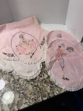 Vintage Hand Embroidered Victorian Runner And 2 Doilies Pink Man Woman picture