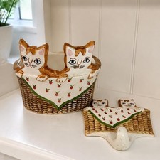 Vintage Takahashi Japan Ceramic Cat Basket Planter & Wall Hook 2pc Set picture