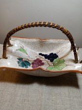 Vintage Ceramic Basket Dish, Crackle Glaze, Rattan Handle, Grapevines, Japan picture