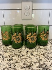 VTG Northwood Oriental Poppy Emerald Green Glass Tumblers Gold Gilt Set of 6  picture