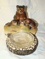 Vtg Chalkware Brown Bear & Cubs on Log Figural Figure Ashtray Canada Souvenir picture