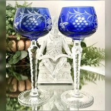 Lausitzer Blue Hock Wine Glasses Pair Cobalt Cut to Clear Germany Vintage picture