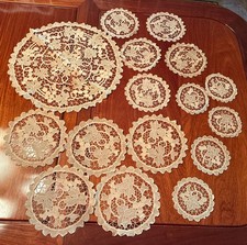 Antique European Tape Lace 16 PCS Set Doilies Handmade Ecru 4 Sizes Grapes Vine picture