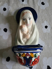 Virgin Mary & Child Ceramic Wall-Mount Holy Water Font Possibly Talavera picture