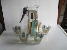 Vintage Colony Turquoise & Gold Glass Cocktail  Carafe & Highball Glasses MCM picture
