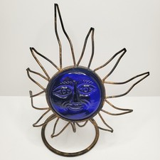 Vintage Cobalt Blue Sun Wrought Iron Candle Holder Glass Face Metal BOHO picture