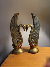 Solid Brass Swan Book Ends- Sunrise Wing Detail Hand Crafted Korea 8 Tall MCM picture