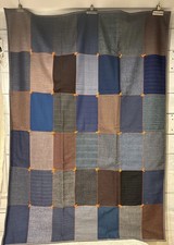Vtg 1970s Wool/Suit Patchwork Squares Lap Quilt Blues 41” X 57” picture