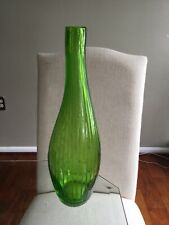 Vintage 14” Green Hand Blown Art Glass Vase with etched Vertical Stripes  picture