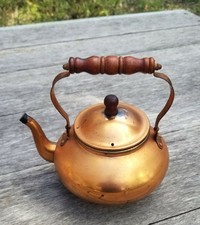 Vintage Interpur Taiwan Copper Tea Kettle Teapot Wood Handle picture