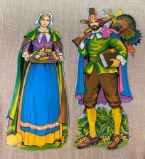 Vintage 70s Beistle Co Thanksgiving Die Cut Pilgrim Turkey Holiday Decoration picture