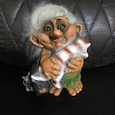 Nyform Norway Troll Gnome Figurine Gray Hair Green Pants Cat Lady Fantasy picture