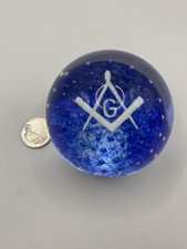 MASON GLASS PAPERWEIGHT SUSPENDED MASONIC EMBLEM COBALT picture
