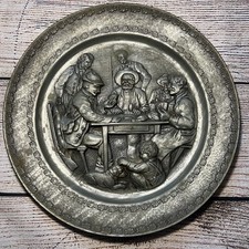 Vintage 12” German Pewter Wall Plate Tavern Card Scene Angel Mark Gallery Wall picture