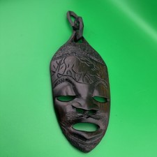 Vintage African Carved Wood Mask Face Tribal Art Wall Hanging w/ Chain Loop 12