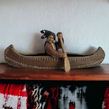 Vintage Hand Painted Native American Indian Man Paddling In Canoe 2pc 14