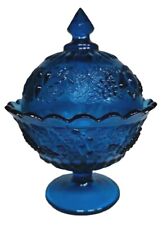 Vtg Westmoreland Blue Glass Compote/Candy Dish w/ Lid Raised Vineyard Pattern EU picture