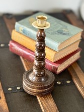 Vintage German Wood Candlestick Brass Swivel Heirloom picture