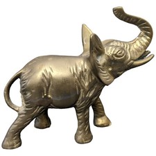 Brass Elephant Figurine Trunk Up Good Luck Paperweight Heavy Gold Tone Metal Vtg picture