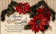 c1910 CHRISTMAS GREETINGS POINSETTIA POETIC JEWELED EMBOSSED POSTCARD 20-102 picture