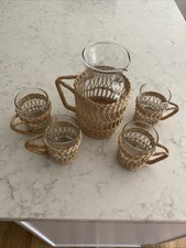 Vintage Rattan Wicker Pitcher & Glasses Set Mid Century Modern picture