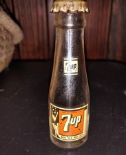 Vintage Miniature 7 UP bottle, Swimsuit Girl, Bubbles, Clear Glass, Bills Mini picture