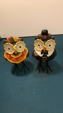 Vintage Hand-Painted Thanksgiving Owl Figurine Pair on Metal Legs picture