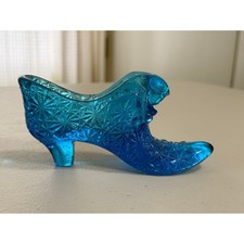 Vintage Blue Daisy and Button Glass Slipper Figurine Decorative Shoe 6 Inch picture
