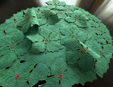 Vintage Cocktail Napkins Madeira Hand Embroidered GREEN POINSETTIA Christmas SET picture