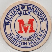 Milk Bottle Cap- William W. Marston - Hampton Falls, New Hampshire -PASTEURIZED picture
