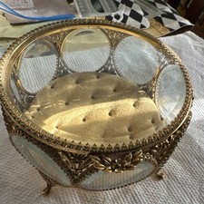 Oval Ornate Gold-Tone Filigree Glass Trinket Box with Hinged Lid picture