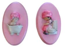 Vintage Bath Sign Pink Wall Plaque Bathroom Girl kids  set 2 Chalkware 3D  picture