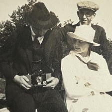 Antique B&W Snapshot Photograph Beautiful Woman Men Outside Kodak Panoram Camera picture